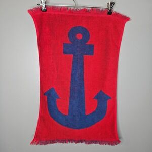 Vintage Martex Anchor Hand Towel Red Blue Nautical Reversible Fringed USA Cotton